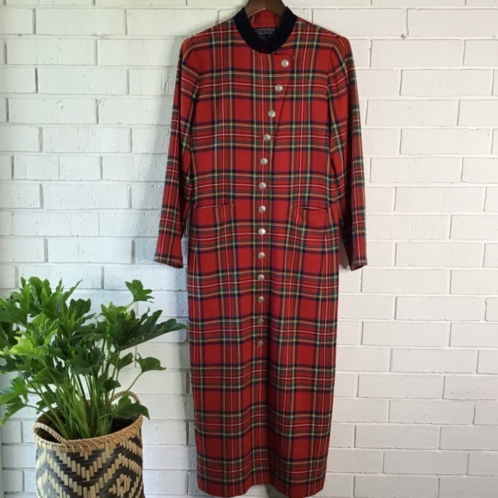 Red Tartan Long Sleeve Button Up Duster Jacket